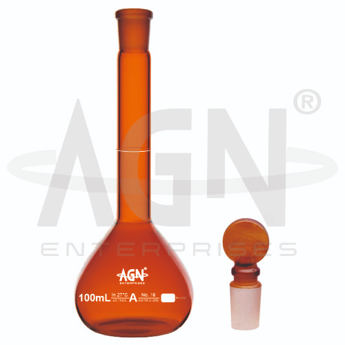 AJKANT Volumetric Flasks Amber with Penny Head Stopper ASTM Class A with Batch Certificate (Model: AJK-LAGL-8807)